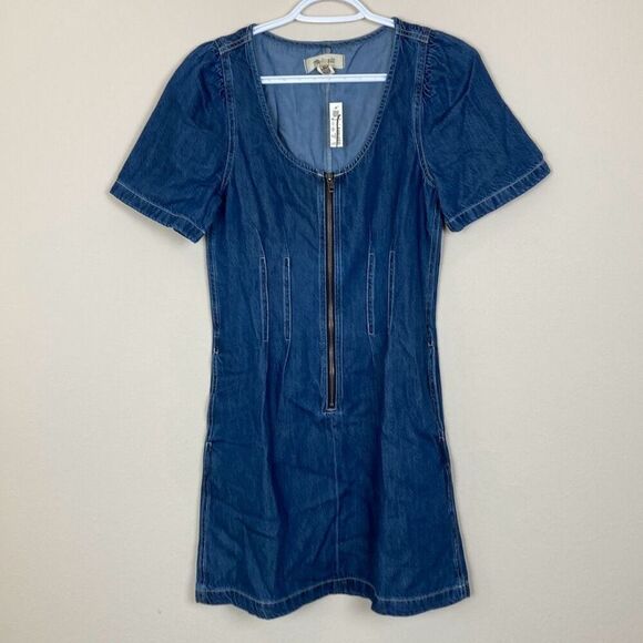 Madewell Pleated Waist Half Zip Denim‎ Dress in Pixie Wash Size 0 (Q6) - Picture 2 of 12